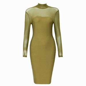 Army Green High Neck Mesh top Long Sleeve dress